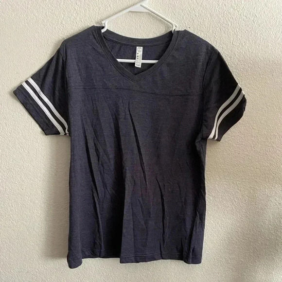 💥Navy Short Sleeves White Stripes Top L - Picture 1 of 7